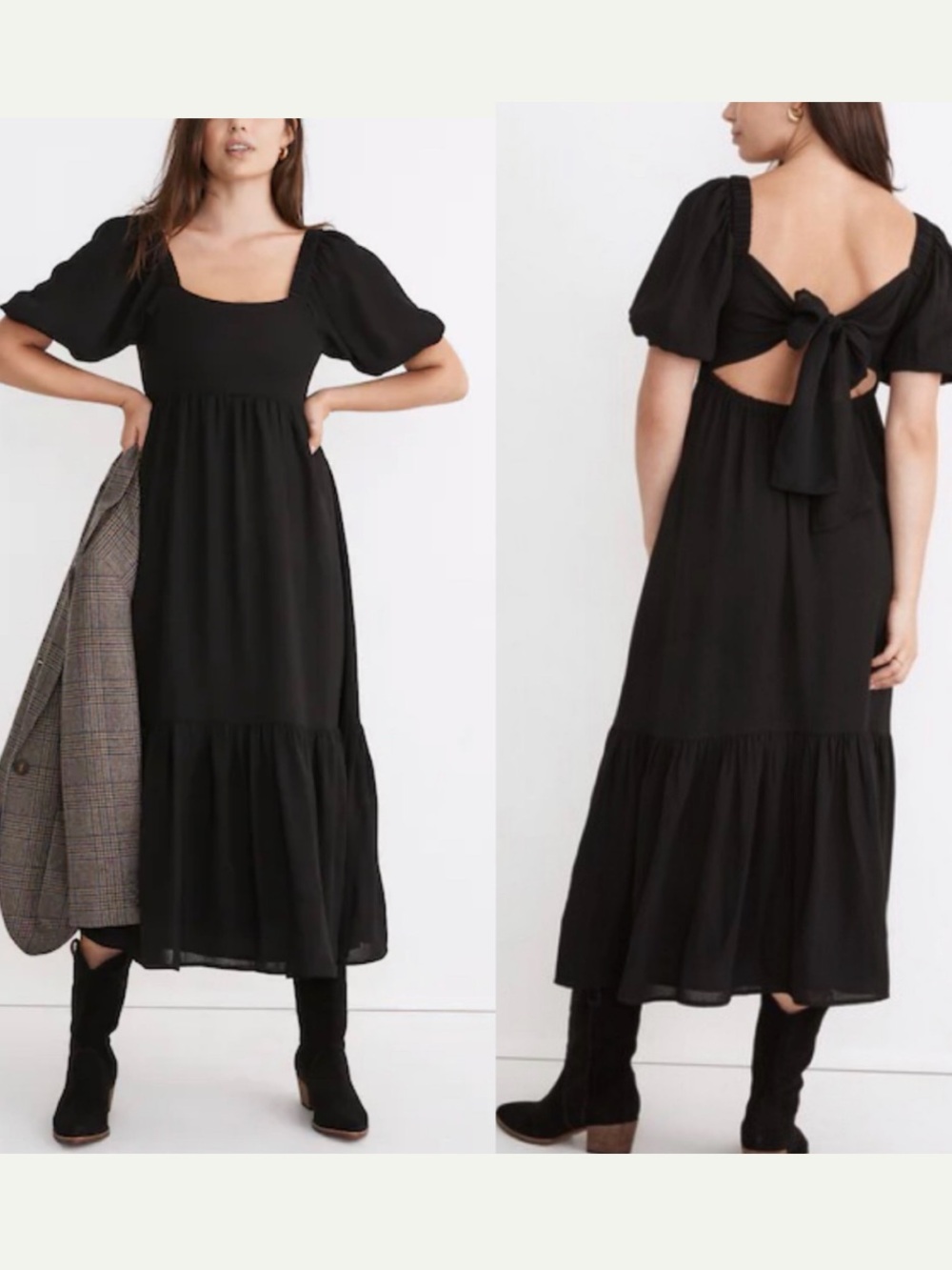 Madewell Black Puff-Sleeve Tie-Back Midi Dress Size 14